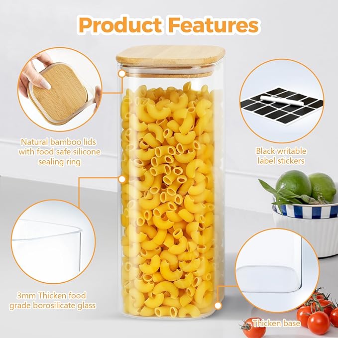 Glass Food Storage Jars with Bamboo Lids Square, Includes 1 Set of 74oz, 2 Set of 41oz & 27oz Storage Kitchen Canisters Pantry For Cookies Cereal Nuts Coffee Beans (Set of 5)