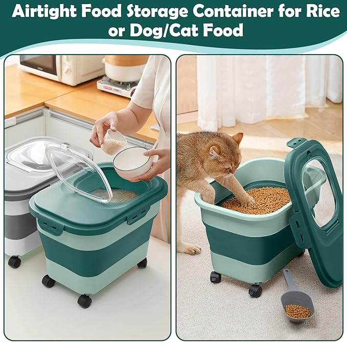 Rice Storage Container, 20Lbs Flour Container, Airtight Large Pet Dog Cat Food Storage Dispenser Bin with Wheels, Scoop & Measuring Cup, Collapsible Kitchen Dry Food Holder for Rice Cereal Kibble