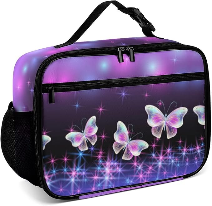 Butterflies and Sparkle Stars Reusable Lunch Box Insulated Lunch Bag Cooler Bag Lunchbox Meal Food Container Tote Bag for Women Kids Girls School Camping Hiking Picnic Beach Travel