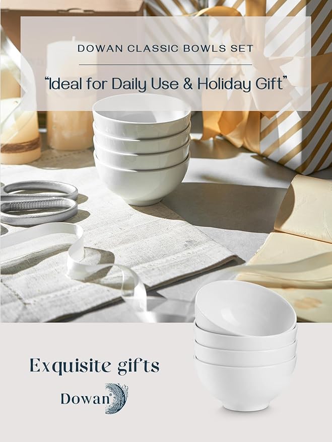 DOWAN 8.5 OZ Small Ceramic Bowls Set of 4 - White Bowls for Dessert, Dip, Side Dishes, Ice Cream, Fruit, Rice - Dishwasher & Microwave Safe