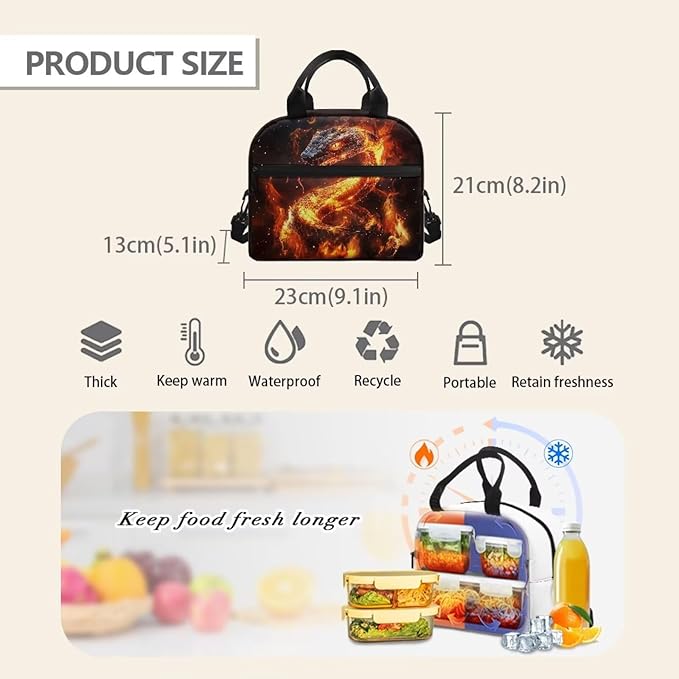 Showudesigns Snake Insulated Lunch Bag for Teen Boys Fire Lunch Box Lightweight Lunch Containers for School Work Office Travel Picnic Lunch Tote Box Thermal Meal Containers Black