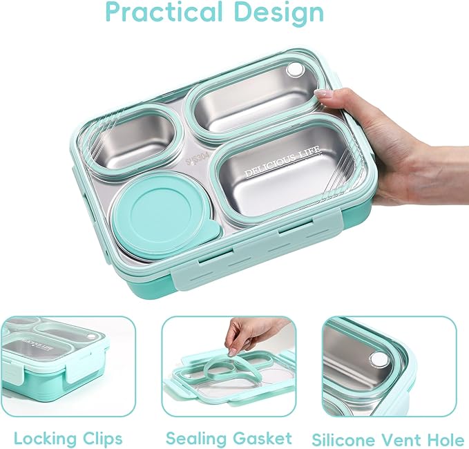 36-oz Lunch Box Containers Stainless Steel Bento Box for Adults with 4-Compartment Snack Tray, Soup Bowl with Lid & Metal Spoon, Dishwasher Safe, Easy to Carry, Green