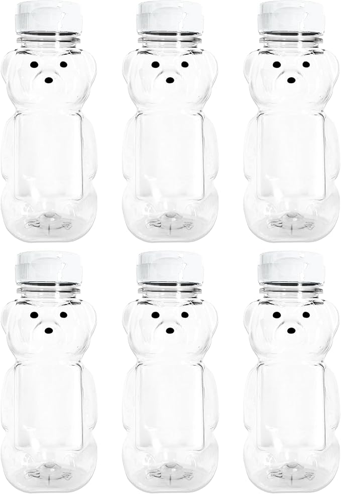 6 Pack of 8 Ounce Honey Bears with Sealable White Flip Top Lids (8 oz. Bear, 6pk, White)