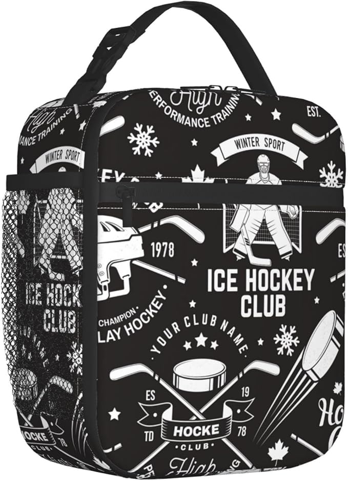 Insulated Lunch Box for Boys Kids Hockey Lunch Box for Work,Picnic,School,Travel,Hiking, Beach or Fishing Polyester Hockey Lunch Bag Ice Hockey Retro Style