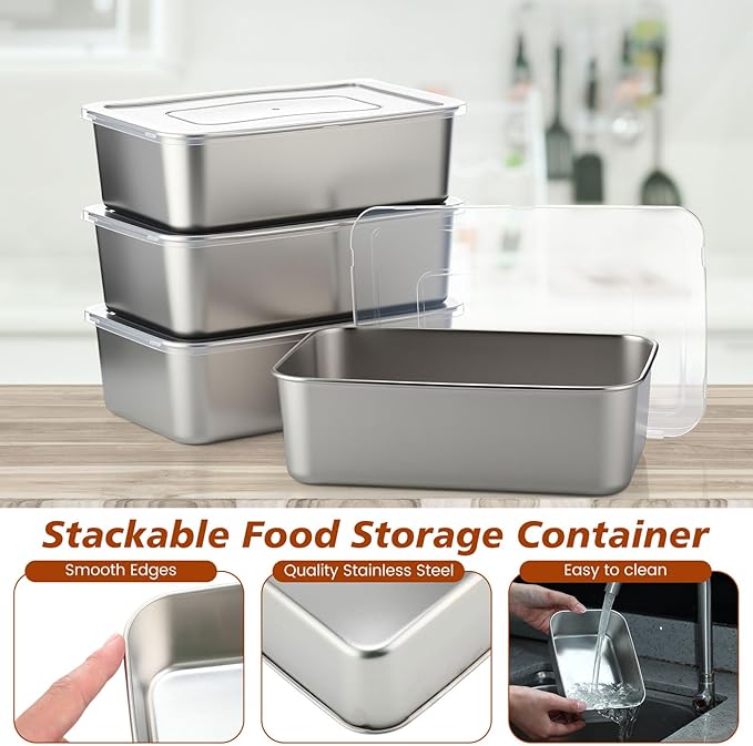 12 Pcs Stainless Steel Food Storage Containers with Lids, 22 Oz Metal Lunch Bento Box Reusable Stackable Meal Prep Container for Kitchen Picnic Travel, Freezer& Dishwasher Safe