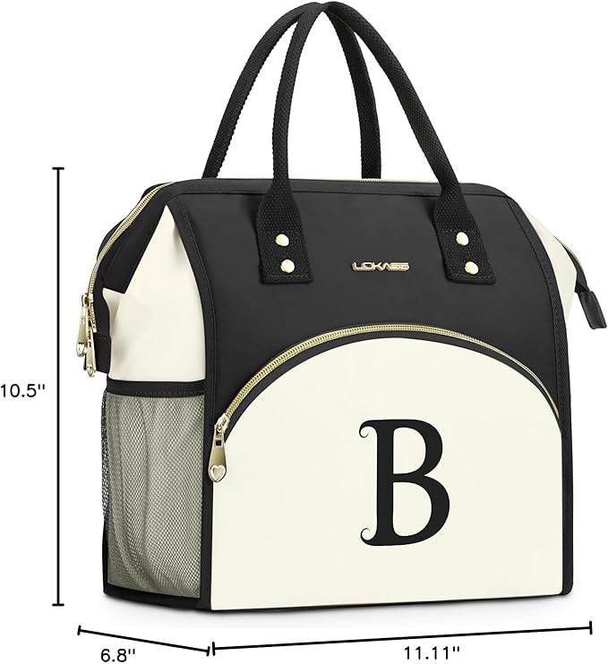 Personalized Lunch Box for Women, Initial Reusable Insulated Lunch Bag, Wide-Open Adult Lunchbox Cooler Lunchbag, Initial Leakproof Lunch Tote Bag for Picnic Work Outdoors Black and White -B