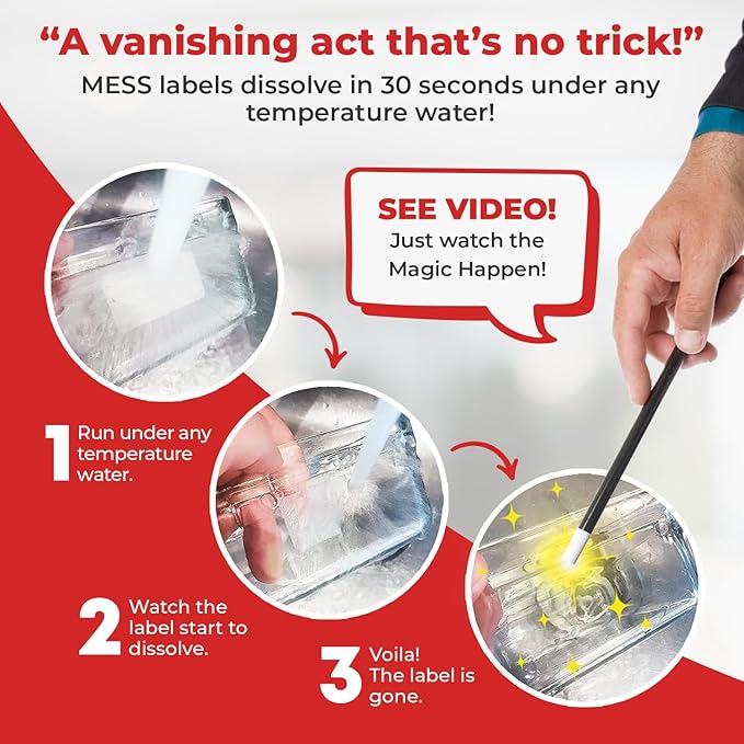 MESS Dissolvable Food Labels, 1x2, 200/Roll - Dissolves in 30 Seconds or Less - Removable Pantry, Meal Prep & Food Storage Labels – Canning & Freezer Use