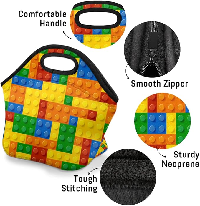 Kids Lunch Box for Boys Girls Colorful Building Blocks Insulated Neoprene Children Lunch Bags Sturdy Soft Bag & Reusable Cooler Lunch Thermal Meal Tote Kit for School