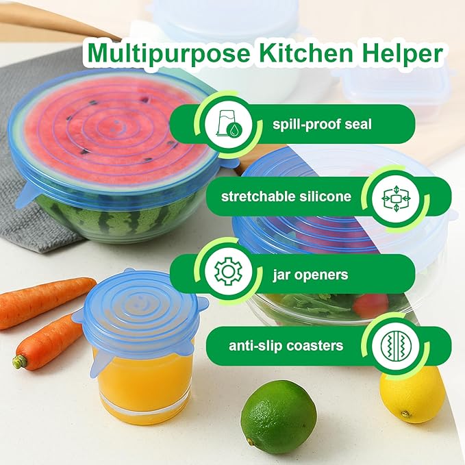 Silicone Stretch Lids – 6 Pack Reusable Food Covers,Flexible Silicone for Bowls, Containers, Fruits – Airtight & Leakproof Seal for Kitchen Storage(blue)