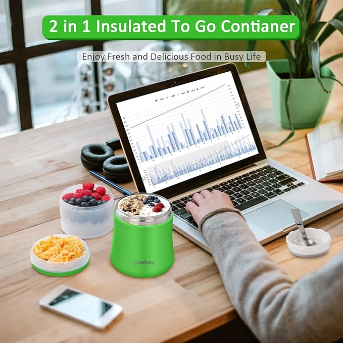 Yogurt Container, Insulated Food Container, 2 In 1 Cereal Cup On The Go,Stainless Steel Insulated Food Jar With Spoon,28oz Thermal Lunch Pot For Soup Yogurt Salad Breakfast Milk Fruit (Green)