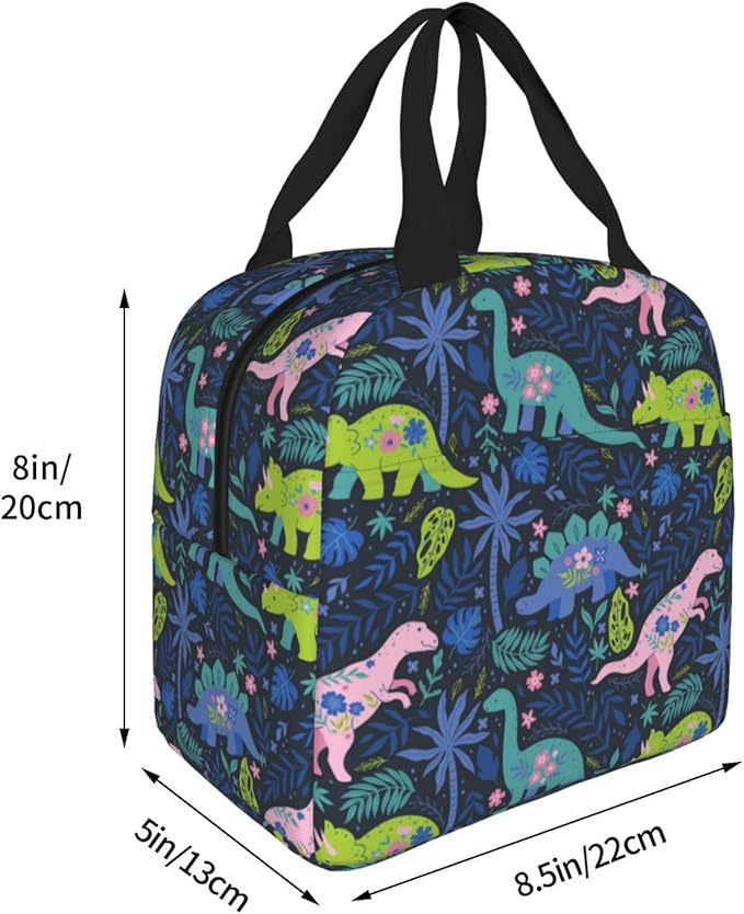 Dinosaur Lunch Box Cartoon Cute Animals Insulated Lunch Bag for Women Men Reusable Cooler Navy Dinosaur Flowers Lunch Tote Bag with Front Pocket for Hiking Picnic Travel Office, wjoy-box-8
