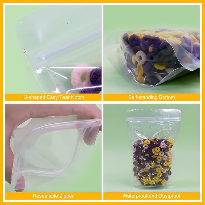 SumDirect 100pcs 9.4x6.3 Inches/24x16cm Clear Stand Up Food Bags, Zipper Stand-up Reusable Sealing Food Pouches Snack Packing Bag with Tear Notch Heat Resealable for Storing, Cookie, Tea and Drink