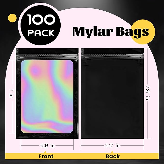 100 Pcs Black Holographic Mylar Bags with Window Smell Proof for Food Storage and Small Business(5.5×8Inch)