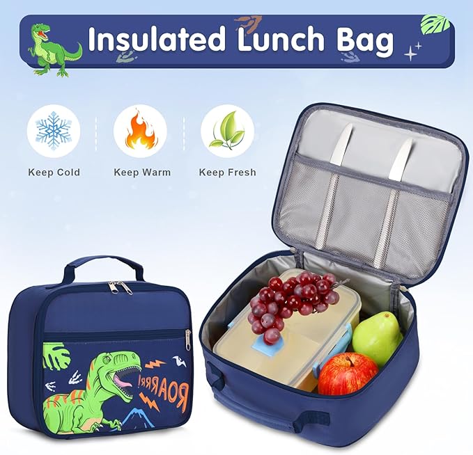 Boys Backpack - Dinosaur Bento Box with Insulated Lunch Bag Pencil Case & Utensils Set for Kids, 6 Leakproof Compartments Removable Tray Lunches or Snack Container