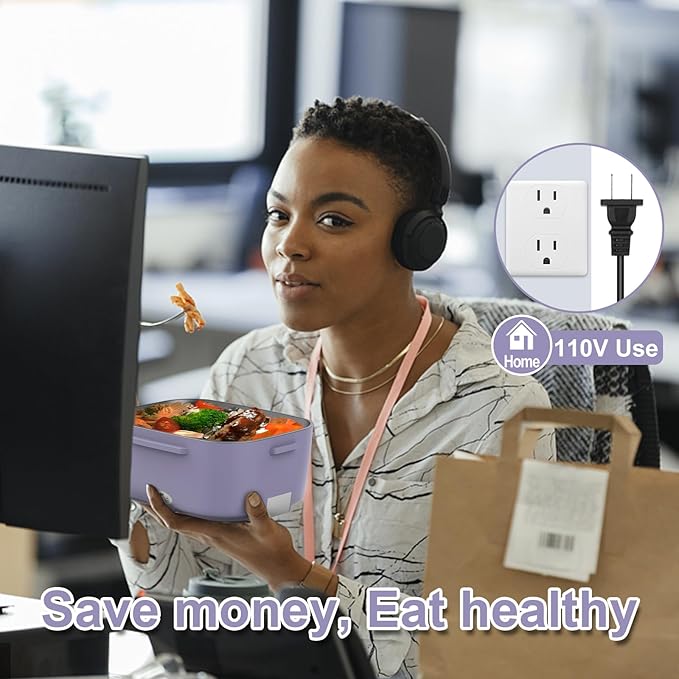 Purple Electric Lunch Box Food Heater, 60W-80W Heated Lunch Box for Woman, 12V 24V 110V Portable Food Warmer Lunchbox for Car Truck Work with Removable 304 SS Container, Christmas Gift