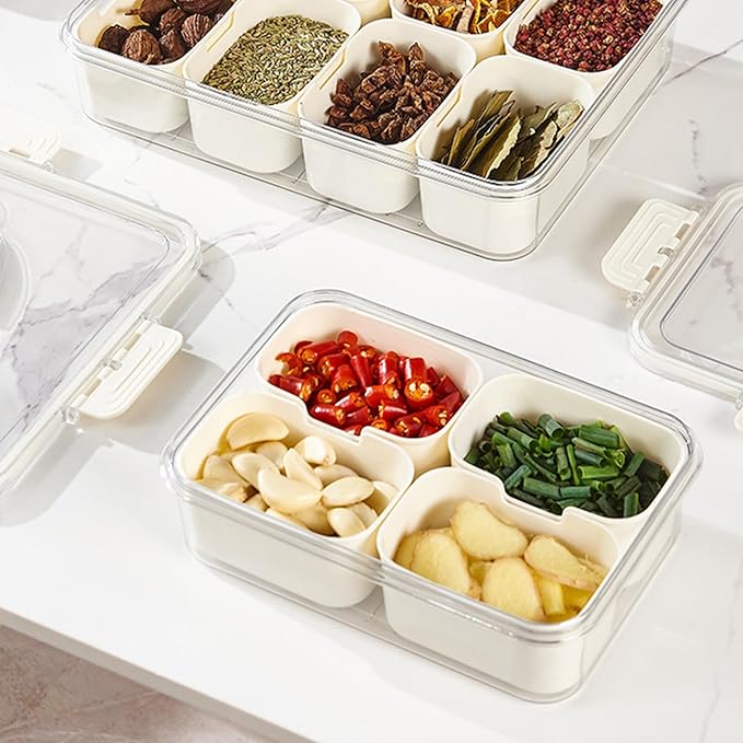 Plastic Divided Serving Tray with Lid and Handle Snack Box Charcuterie Container Portable Snack Platters Organizer for Candy, Fruits, Snacks, Nuts, for Party, Entertaining (White 4 compartments)