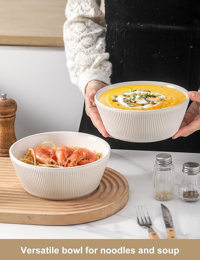 UBEE Large Soup Bowls Set of 4, 7.3 inch White Salad Bowls, Ceramic Serving Bowls for Ramen, Pasta, Fruit, Cereal, Fruit, Dinner, Dishwasher and Microwave Safe