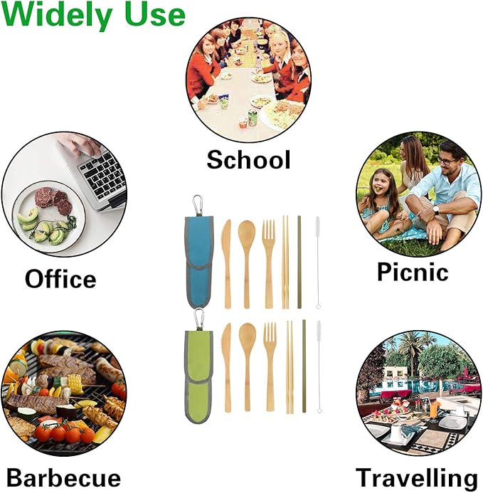 UPTRUST 2 Set Bamboo Cutlery Set Bamboo Travel Utensil Reusable Table cutlery Fork Knife Spoon Chopsticks Straw Cleaning Brush for Travel Picnic School Office(Skyblue& Green)
