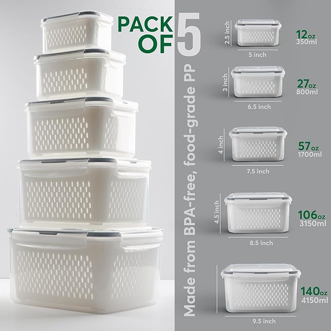 5 PCS Fruit Storage Containers for Fridge with Colanders Dishwasher Safe, Leakproof Fruit and Vegetable Storage BPA-Free Plastic, Produce Storage Keep Berry Fruit Veggie Meat Fresh