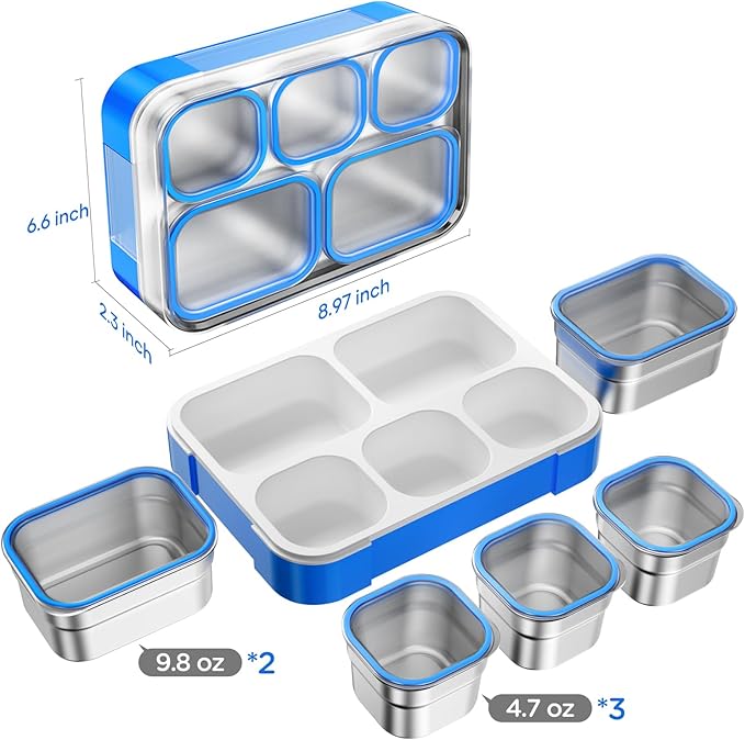 Lunch Box Stainless Steel Bento for Kids Adults Leakproof BPA-Free with Lunch Bag Metal Lunch Containers Tray 5-Compartment with Fork for Boy Food Snack Containers for School Outdoors Navy-Blue