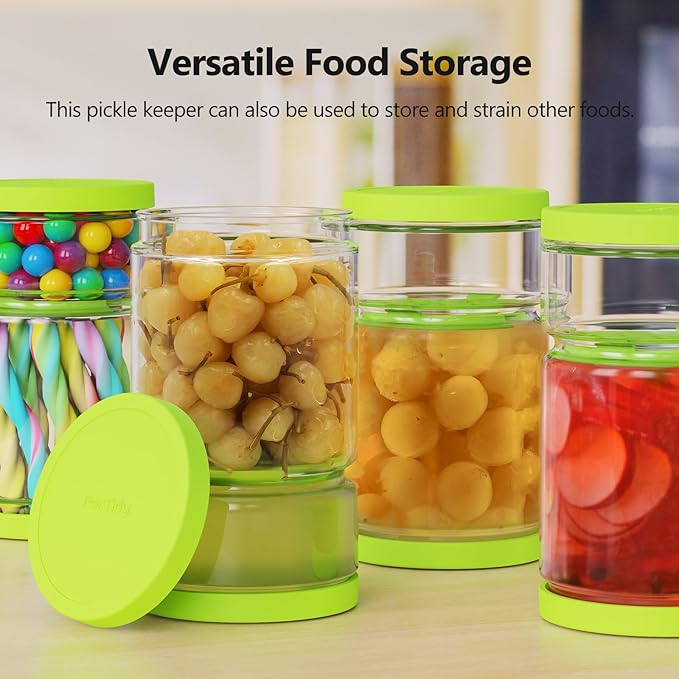 Glass Pickle Container with Strainer for Pickle Lover - 45 OZ Leakproof Juice Separator Jar for Gherkin, Olive or Chilli, Dishwasher and Refrigerator Safe, BPA Free (Green, 45 oz*2 pcs)