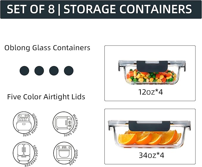 YANGNAY 8 Pack Glass Food Storage Containers, Glass Meal Prep Containers with Airtight Lids, Dishwasher/Freezer Safe, 2 sizes