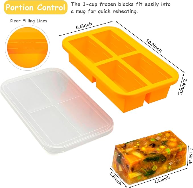 Bangp 1-Cup Silicone Freezing Tray with Lid,Soup Freezer Molds,Freezer Tray with Lid for Meal Prep,Silicone Molds for Soup and Food Storage - Makes 4 Perfect 1 Cup Portions
