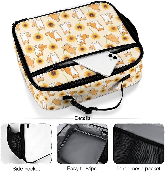Dog and Sunflower Reusable Lunch Box Insulated Lunch Bag Cooler Bag Lunchbox Meal Food Container Tote Bag for Women Kids Girls School Camping Hiking Picnic Beach Travel