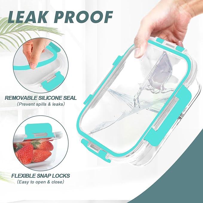 Glass Meal Prep Containers 3 Compartments, 5 Pack 36 oz, Glass Food Storage Containers with Lids, Airtight Lunch Bento Box, Portion Control, Freezer and Microwave Safe, Green