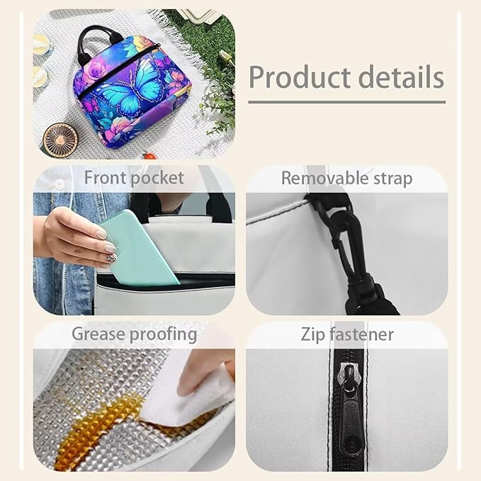 Showudesigns Butterfly Lunch Bag for Teen Girls 12-14 Middle School Lunch Box Insulated Cooler Tote Bag for School Work Office Shopping Lunchbox Food Containers Organizer Purple