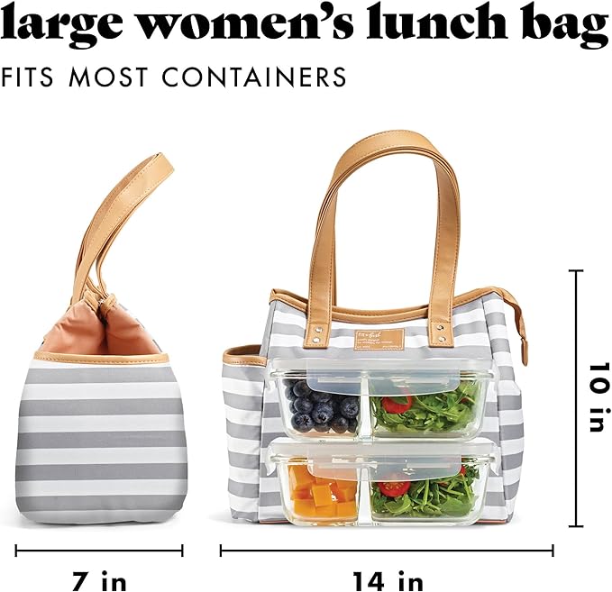 Fit & Fresh Lunch Bag For Women, Insulated Womens Lunch Bag For Work, Leakproof & Stain-Resistant Large Lunch Box For Women With Containers and Matching Tumbler, Zipper, Westerly Lunch Bag, Grey Strip