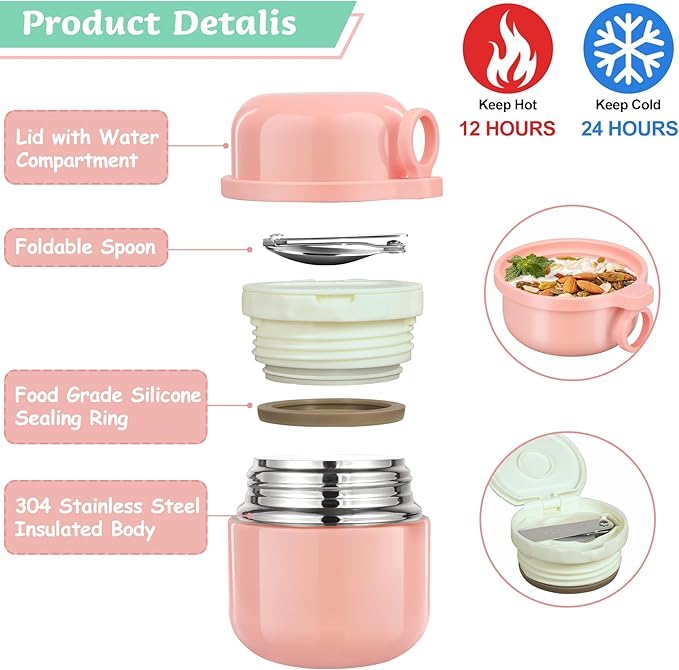 Bento Lunch Box for Kids with 12oz Soup Thermo, Leak-Proof Lunch Containers with 5 Compartments, Insulated Lunch Bag, Thermo Hot Food Jar with Spoon for Kids to School, Travel, Pink