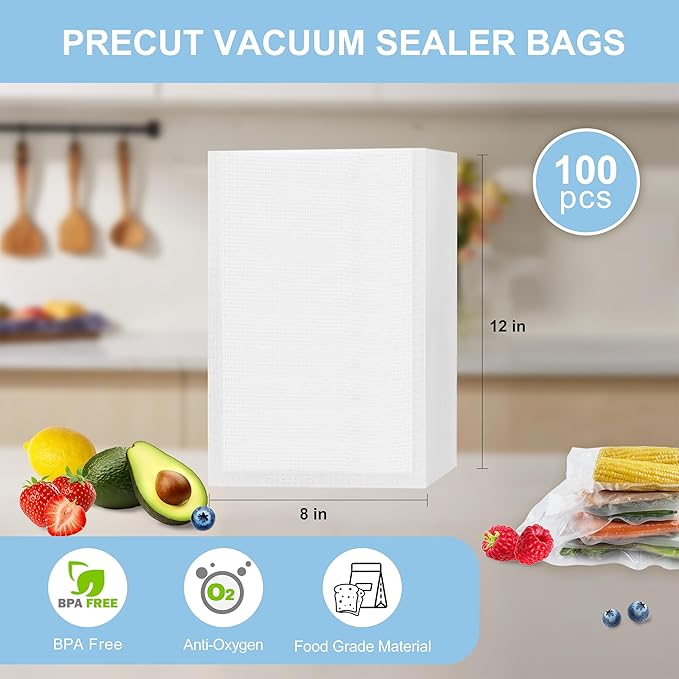 100pcs Vacuum Sealer Bags, Food Saver Bags Quart 8" x 12", Pre-cut Commercial Grade Vac Bags for Food Storage, BPA Free, Heavy Duty, Meal Prep or Sous Vide Cooking
