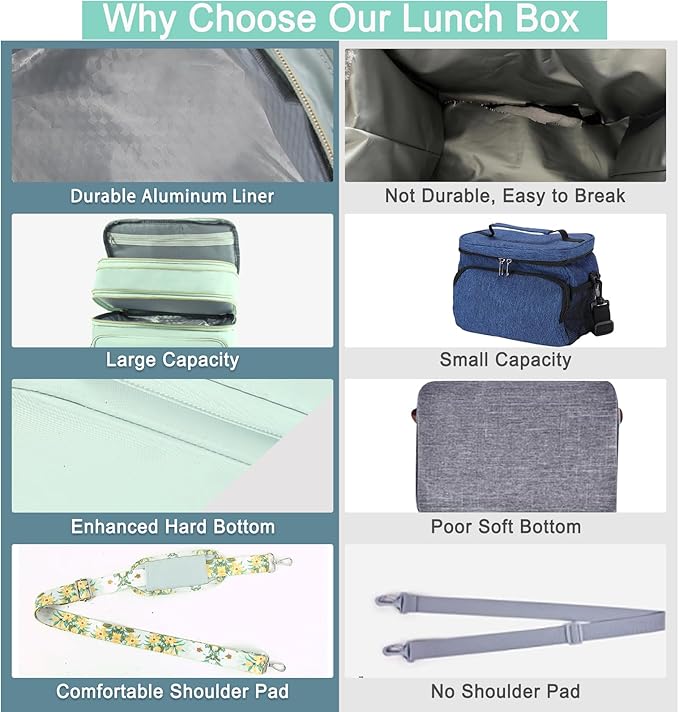 Double Deck Lunch Box for Women, Expandable Insulated Large Lunch Bag Women Leakproof Lightweight Lunch Cooler Bag Durable Lunchbox for Work Outdoor Travel, Green