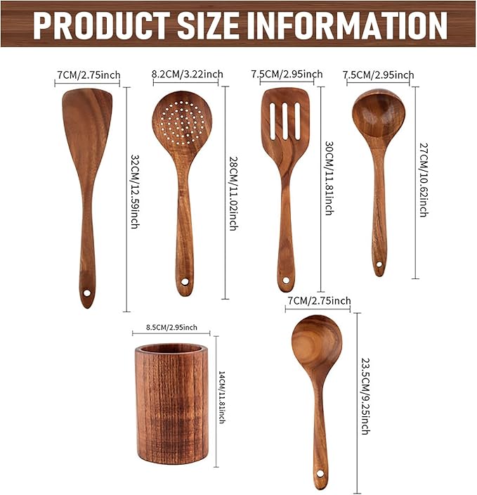 6 PCS Wooden Cooking Utensils Set, Wooden Spoons for Cooking, with Utensils Holder, Comfort Grip, Ideal for Nonstick Cookware