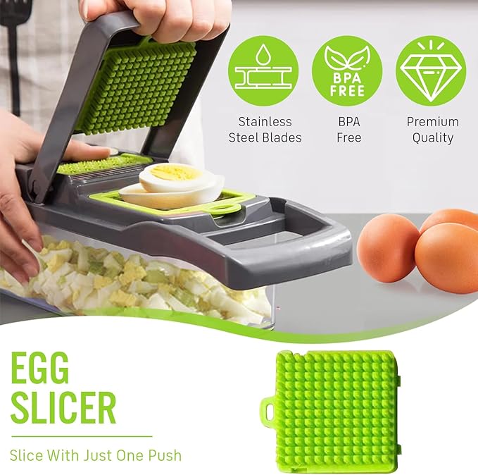 12 in 1 multifunctional Chopper with container, x Blade Vegetable chopper, Egg slicer, Onion Mincer, Cheese slicer, Dicer, Cutter, French fry cutter, Normal, green and gray