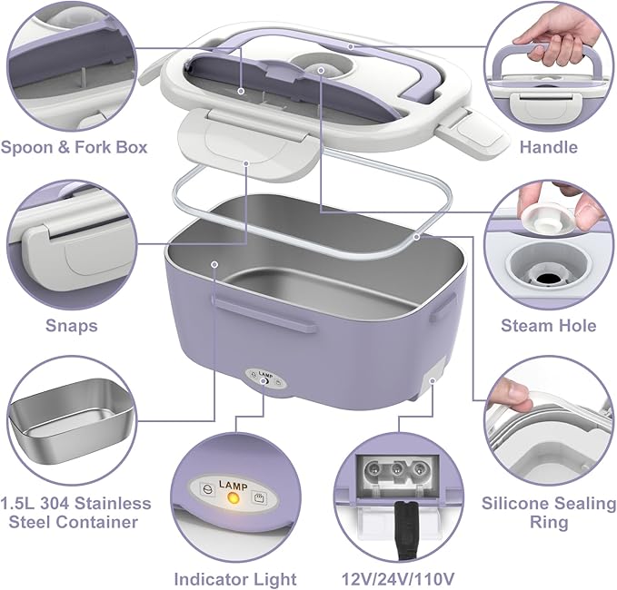 Purple Electric Lunch Box Food Heater, 60W-80W Heated Lunch Box for Woman, 12V 24V 110V Portable Food Warmer Lunchbox for Car Truck Work with Removable 304 SS Container, Christmas Gift