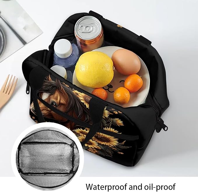Showudesigns Sunflower Horse Lunch Box for Teen Girls 10-12 12-14 Insulated Lunch Bag Primary Middle School Cooler Tote Bag Kids Crossbody Purse Picnic Bags with Thicken Handle