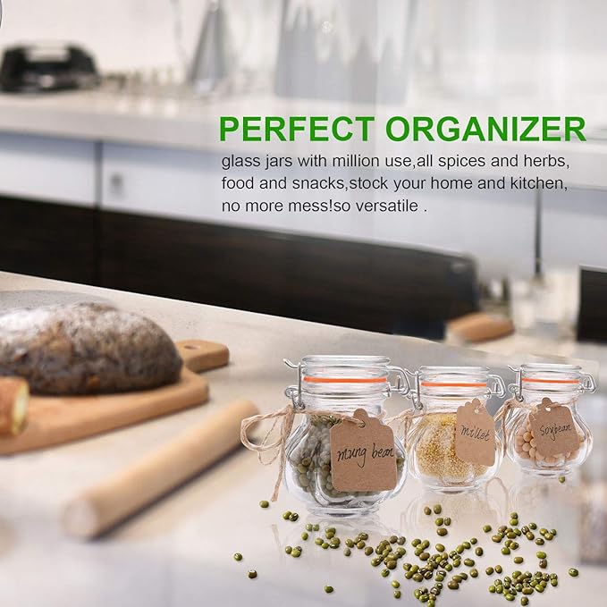 Glass Spice Jars,Encheng Glass Jars With Airtight Lids 4 oz,Small Jars With LeakProof Rubber Gasket,Mason Jars With Hinged Lids For Kitchen,Mini Storage Containers With Twine and Tags Labeling 30 Pack
