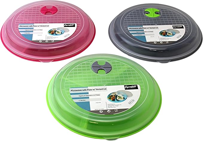Dependable Industries inc. Essentials 3-Pack Divided Microwave Plates with Vented Lids – 8.75” x 8.75” – Meal Prep & Portion Control, BPA-Free, Stackable Food Storage, Freezer & Dishwasher Safe