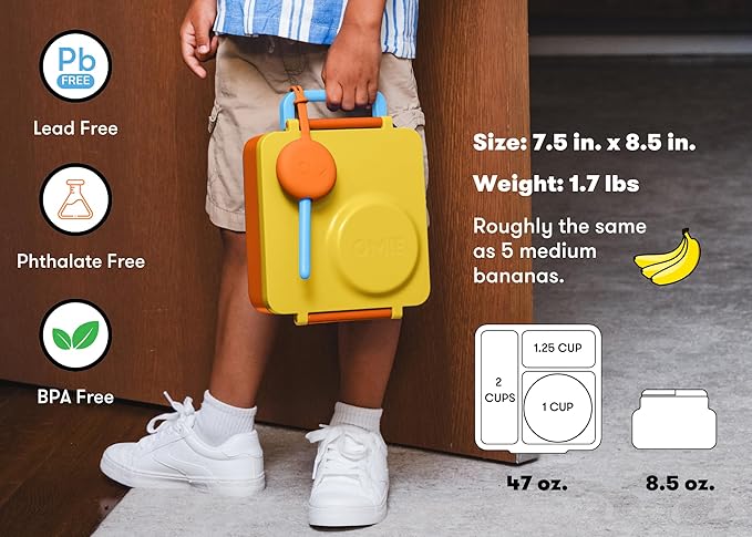 OmieBox Bento Box for Kids - Insulated Bento Lunch Box with Leak Proof Food Jar - 3 Compartments, Two Temperature Zones - (Sunshine)