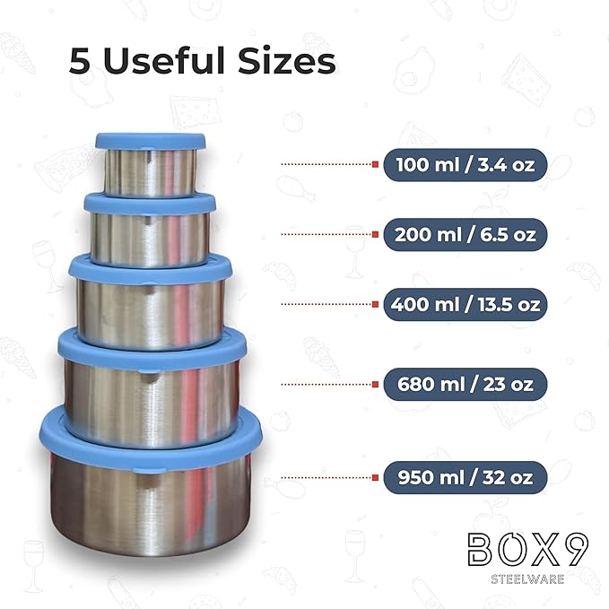 Stainless Steel Containers with Lids - Leak Proof BPA Free | Easy Open Silicone Lids | Meal Prep, Snacks, Lunch for Kids & Adults (32oz/23oz/13oz/6oz/3oz)