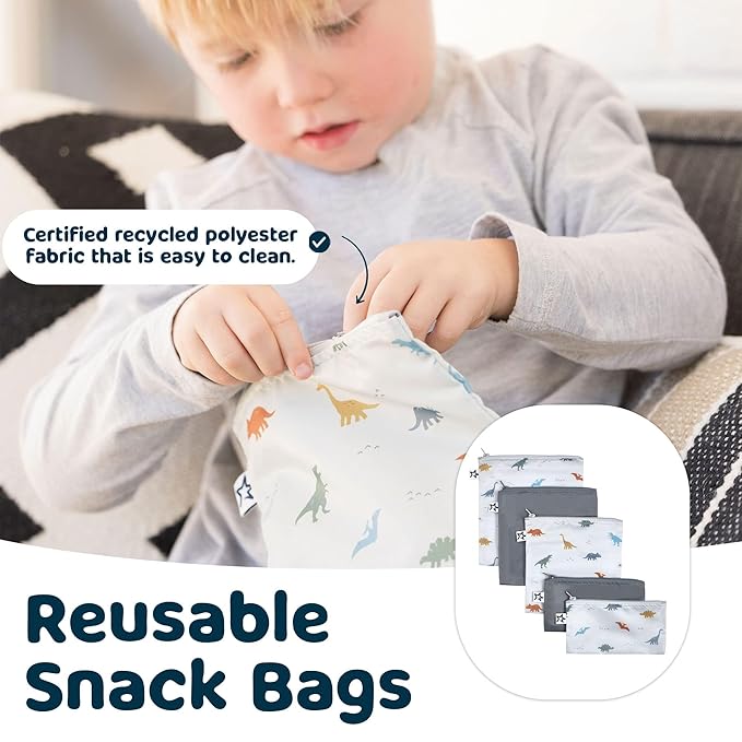 Tiny Twinkle 3 Pack Reusable Snack Bags - Machine Washable, PFAS, PVC, BPA, Phthalate-Free Reusable Baby and Toddler Food Safe Snack Bags (Dinosaur)