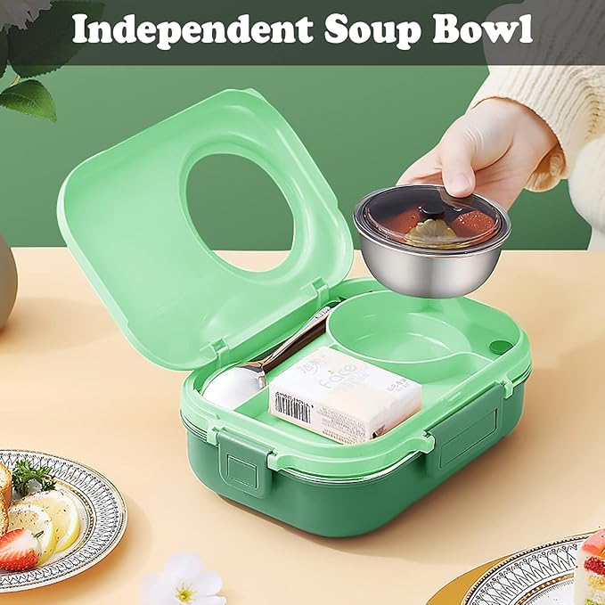 3 Compartments Bento Lunch box with Soup Bowl, Insulated Lunch Bag and Portable Utensils, Stainless Steel Camera Lunch Containers,Leak Proof Bento Box for Kids Adults Men Women…