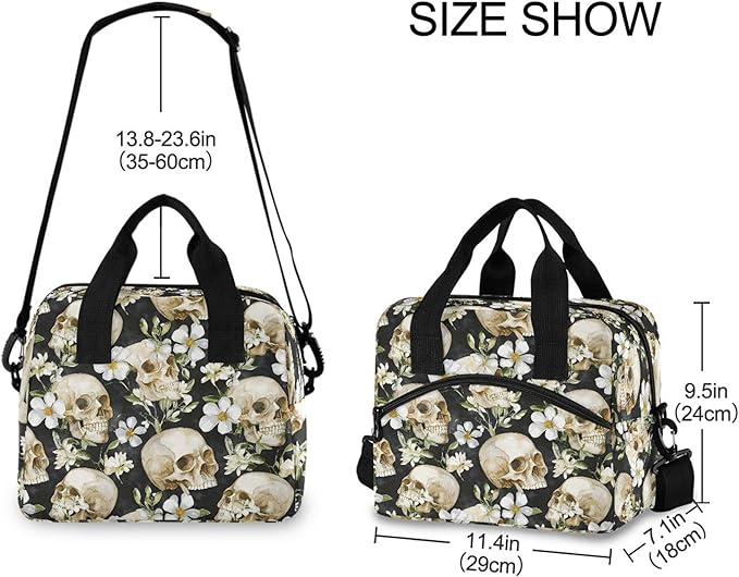 MNSRUU Insulated Lunch Bag Skull White Flower Women Men Fabric Dinner Tote Cooler Bag Reusable Leakproof Lunch Box with Adjustable Shoulder Handles Strap For Work School