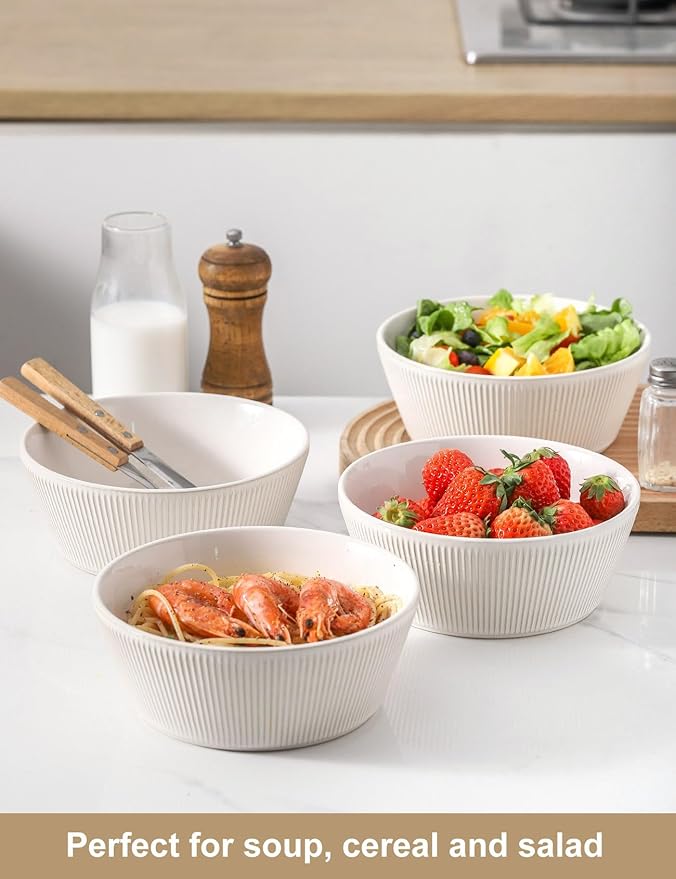 UBEE Large Soup Bowls Set of 4, 7.3 inch White Salad Bowls, Ceramic Serving Bowls for Ramen, Pasta, Fruit, Cereal, Fruit, Dinner, Dishwasher and Microwave Safe