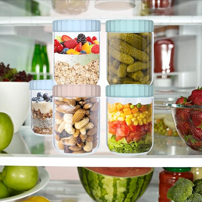 6 Pack 16Oz Glass Jars with Lids, Overnight Oats Containers with Lids, Wide Mouth Mason Jar Reusable Airtight Glass Food Storage Containers for Snacks Salad Yogurt Cereal Meal Prep Leak Proof