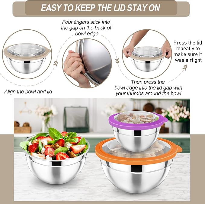 P&P CHEF Mixing Bowl with Lid Set, Stainless Steel Nesting Salad Bowls for Cooking Serving Prepping, Clear Lids & Stackable Design, Size 4.6, 3.5, 3, 2, 1.5, 1, 0.7 Qt - Multicolor, Set of 7