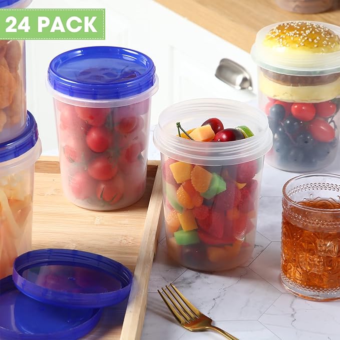 24 Pcs 32 oz Food Storage Freezer Container with Twist Top Lids Reusable Plastic Soup Food Containers with Screw on Lids Leakproof Round Containers for Juice Condiments Fruit Snacks Leftovers(Blue)