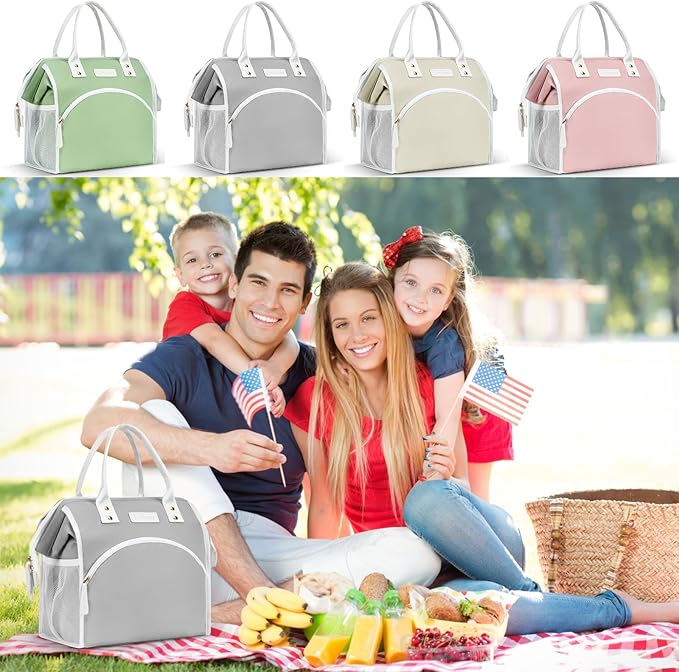 LOKASS Lunch Bag Women Insulated Lunch Box Wide-Open Lunch Tote Bag Large Waterproof Cooler Bag for Work Picnic Hiking Beach(Gray)